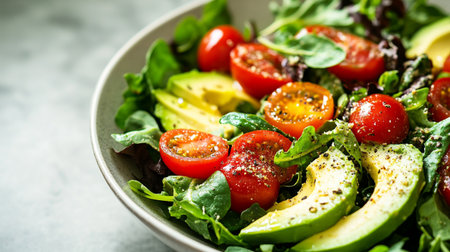 Fresh salad with cherry tomatoes, avocado and arugula in a bowl.の写真素材