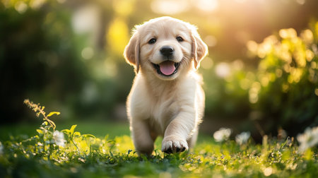 Labrador Retriever puppy running in the grass on a sunny dayの写真素材