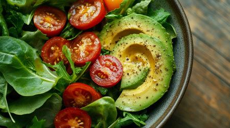 Fresh salad with avocado, cherry tomatoes and arugula in bowl, closeupの写真素材