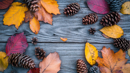 Autumn leaves and pine cones on old wooden background with copy spaceの写真素材