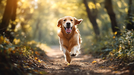 Golden Retriever dog running in autumn forest. Sunny day.の写真素材