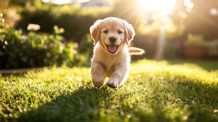 Cute golden retriever puppy running on green grass at sunset.の写真素材