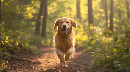 Portrait of golden retriever dog running in the forest at sunsetの写真素材