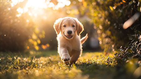 Cute golden retriever puppy running in the park at sunset.の写真素材