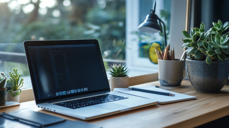 Close-up of laptop with mock up screen on wooden table in office