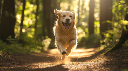 Golden Retriever running in the forest on a sunny day.の写真素材