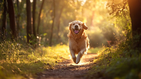 Golden Retriever running in the forest at sunset. Sunny summer dayの写真素材