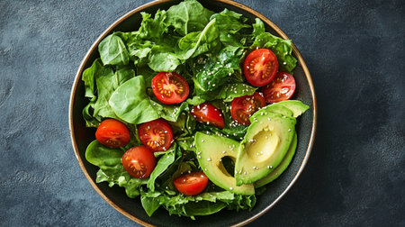 Healthy salad with avocado, cherry tomatoes and lettuce on dark backgroundの写真素材