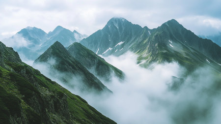 Beautiful mountain landscape in the clouds. Caucasus Mountains, Georgia.の写真素材