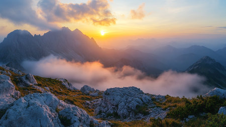 Sunset in the mountains. Panoramic view of the Alps.の写真素材