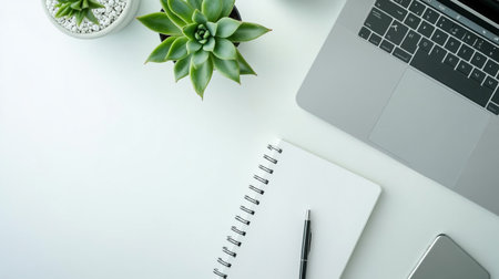 White office desk table with laptop, smartphone, plant and notebook. Top view with copy spaceの写真素材