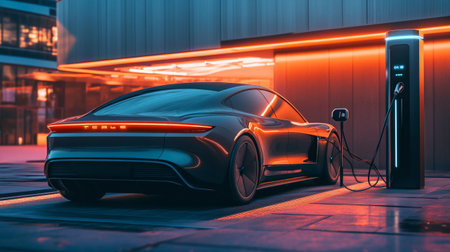 Electric car with charging station on the street at night. 3d renderingの写真素材