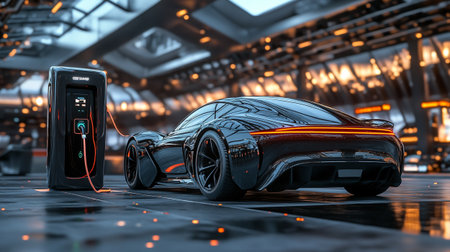 Electric car charging at the charger station. 3d render concept.