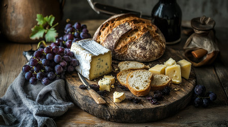 Cheese platter with grapes and bread on a wooden board.の写真素材