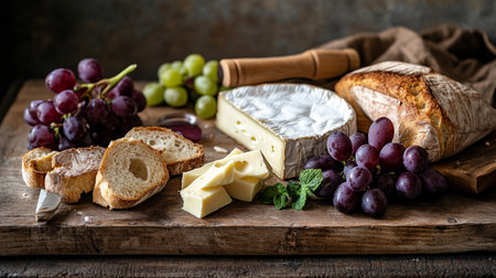 Camembert cheese, grapes and baguette on wooden backgroundの写真素材