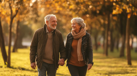 Happy senior couple walking in autumn park. Retirement and active life conceptの写真素材
