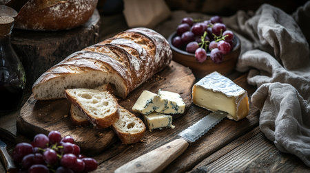 Cheese platter with blue cheese, grapes and baguetteの写真素材