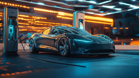 3D rendering of a brand-less generic concept car at a charging station