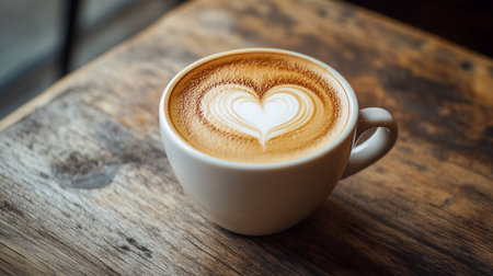 Coffee cup with heart shape latte art on wooden tableの写真素材