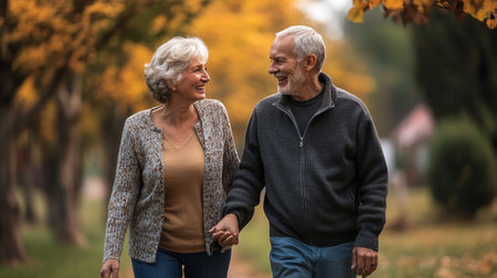 Senior couple walking in the park. They are looking at each other and smiling.