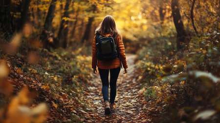 Back view of a young woman with a backpack walking in the autumn forest