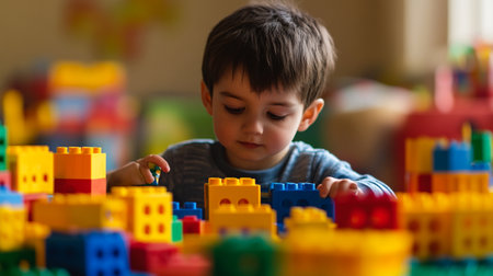 Cute little boy playing with colorful plastic building blocks at home.
