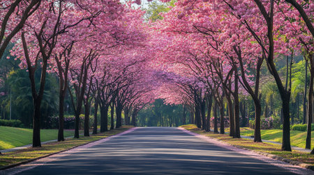 Cherry blossoms along the road in the park, Thailand.の写真素材
