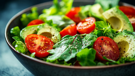 Fresh salad with avocado, cherry tomatoes and arugula on a dark backgroundの写真素材