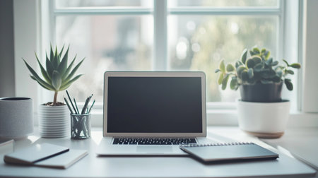 Close up of modern workplace with blank screen laptop computer, coffee cup and other items on white...