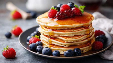 Stack of pancakes with fresh berries and maple syrup, selective focus.