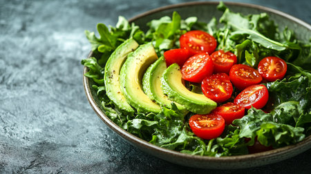 Fresh salad with arugula, avocado and cherry tomatoes on dark backgroundの写真素材
