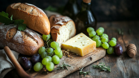 Grapes, cheese and bread on a wooden rustic table