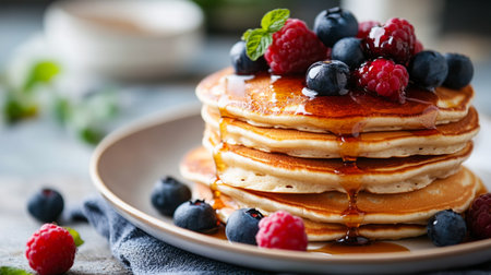Pancakes with fresh berries and maple syrup, selective focus.