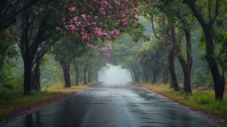 Road in the misty forest with pink flowers in the morning.