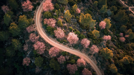 Aerial view of cherry blossom trees in full bloom in the countryside