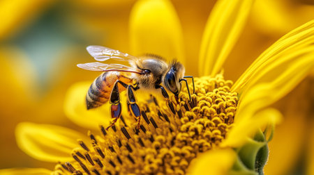 Bee collecting pollen from sunflower. Close-up. Macro.