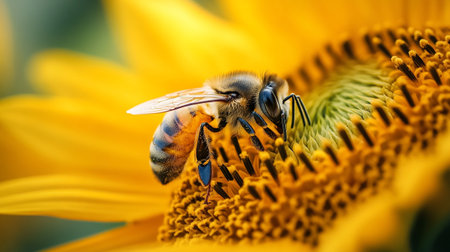 Close up of a bee collecting pollen from a sunflower in summer