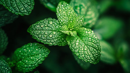 Green mint leaves with dew drops close-up. Natural background
