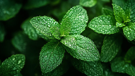 Pepper mint leaves with water drops in the morning, stock photo
