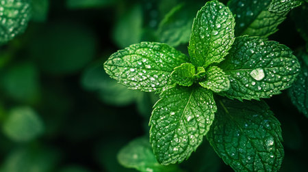 Fresh mint leaves with dew drops in the garden, stock photoの写真素材