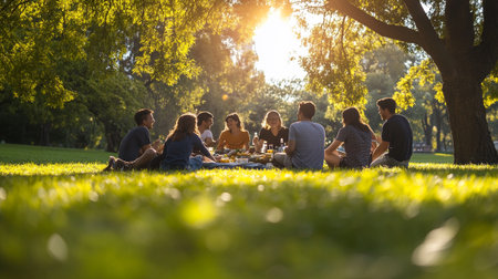 Group of friends having a picnic in a park on a sunny day