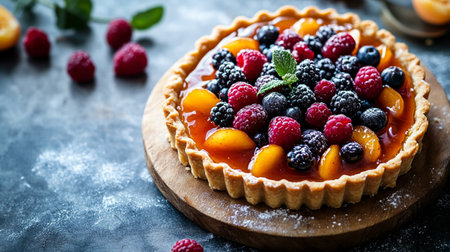 Delicious tartlets with fresh berries on rustic background, closeupの写真素材