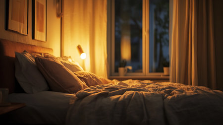 Close up view of bed with pillows in the bedroom at night
