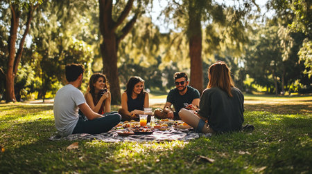 Group of friends having picnic in the park on a sunny day.の写真素材