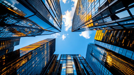 Bottom view of modern skyscrapers in business district against blue sky