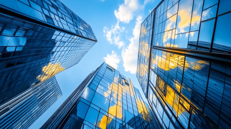 Bottom view of modern skyscrapers in business district against blue skyの写真素材