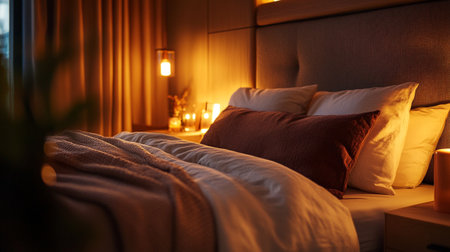 Comfortable bed with soft pillows in hotel room, closeup