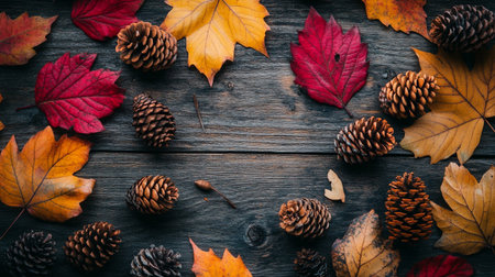 Autumn leaves and pine cones on dark wooden background, top view
