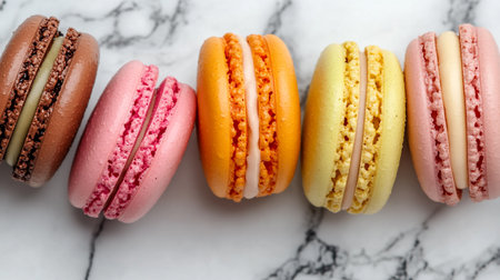 Colorful macaroons on white marble background, top view.の写真素材