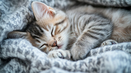 Cute little kitten sleeping on warm knitted plaid, closeup